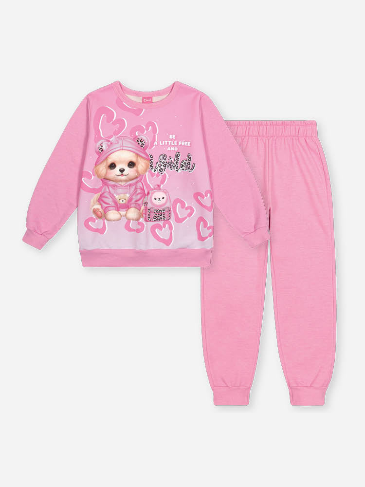 Conjunto Infantil Cinti Inverno com Calça e Moletom Flanelado Rosa Cachorrinha