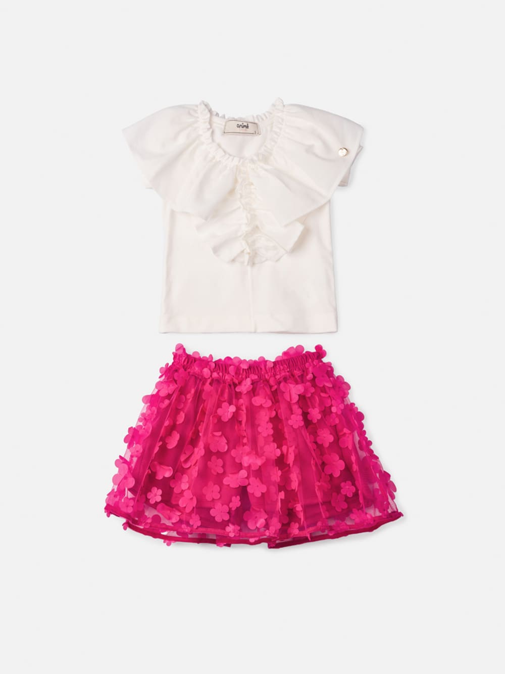 Conjunto Infantil Animê Verão Saia Pink Tule Flor e Blusa Off