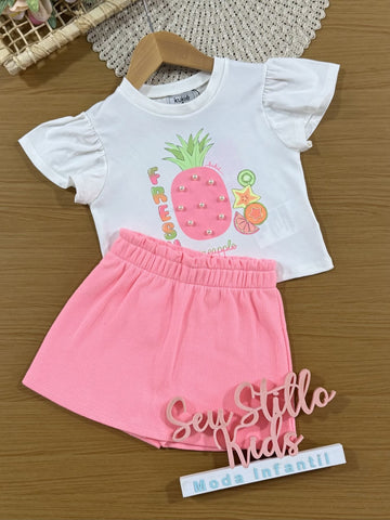 Conjunto Infantil Kukiê com Shorts Saia Rosa e Blusa Manga Curta Frutinhas