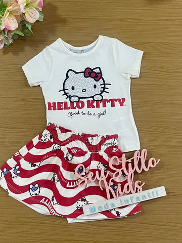 Conjunto Infantil Momi Verão Saia Vermelha e Blusa Hello Kitty
