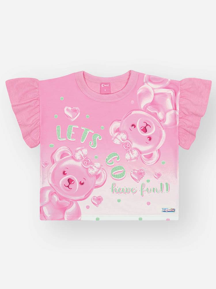 Blusa Infantil Cinti Verão Rosa Ursinhas com Strass