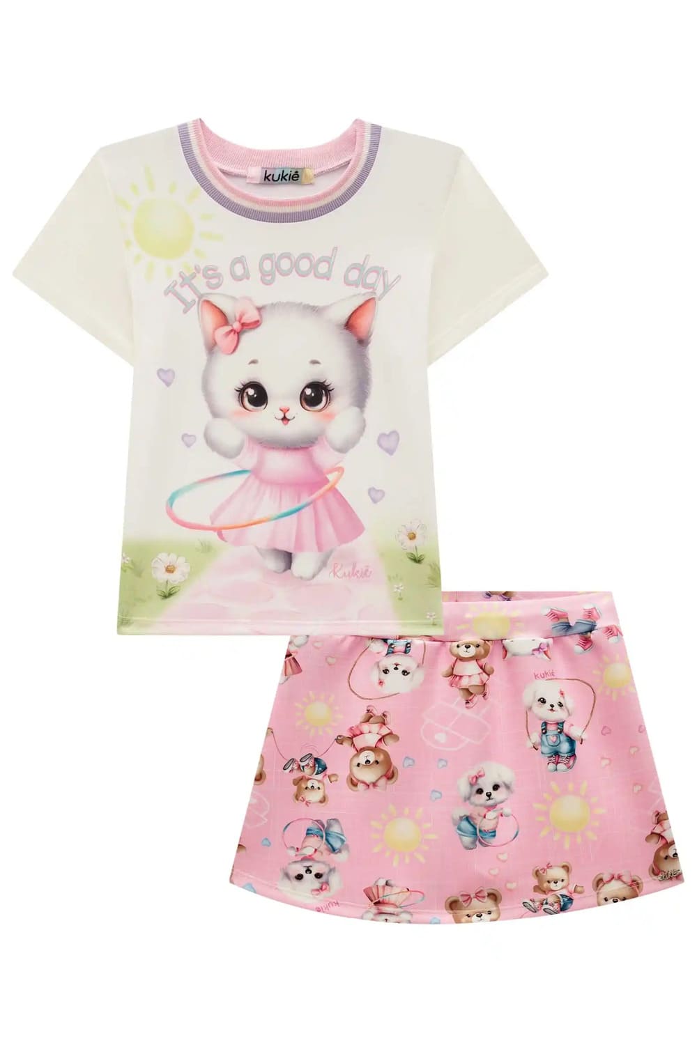 Conjunto Infantil Kukie Verão Shorts Saia e Blusa Gatinha