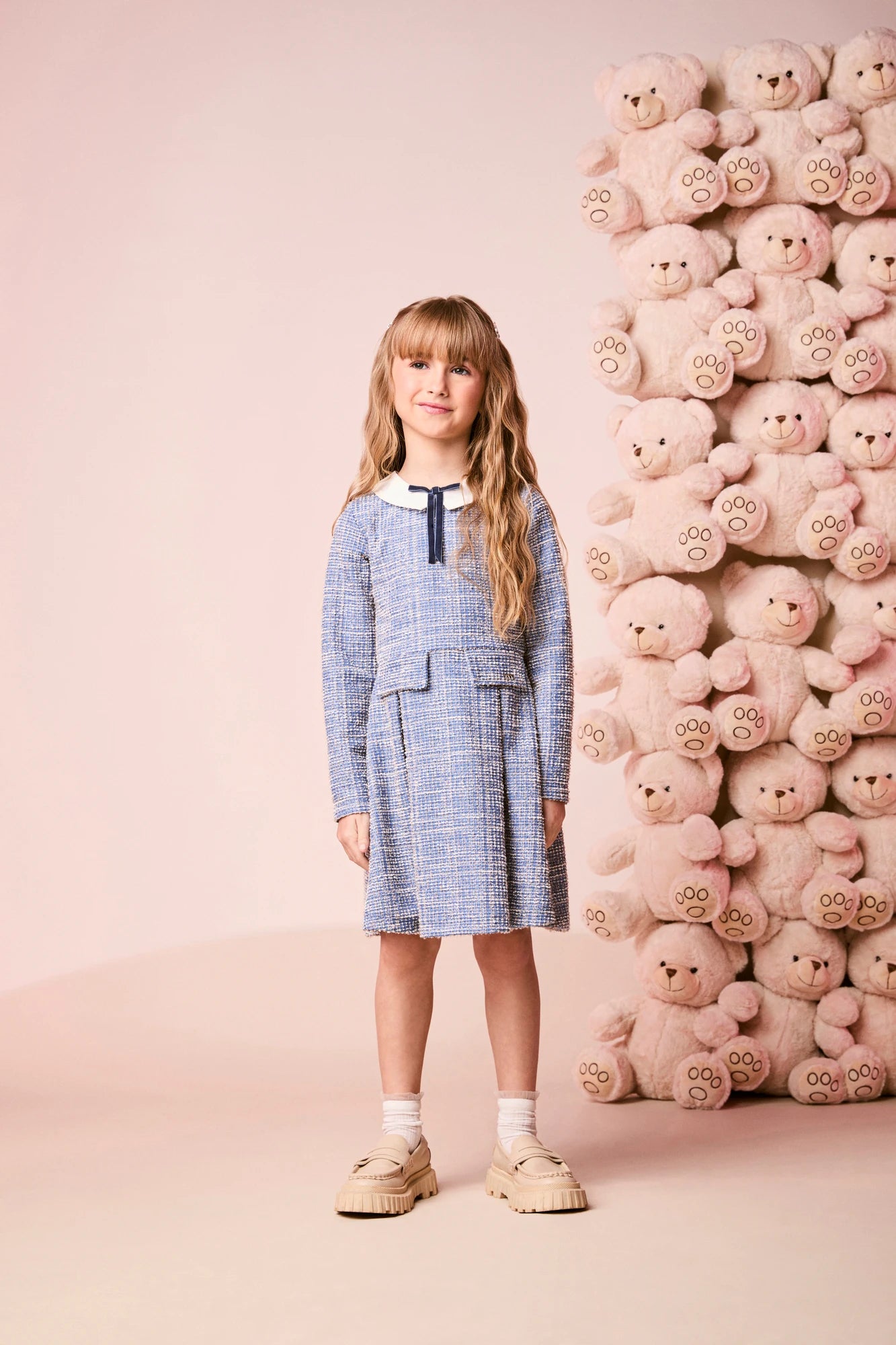 Vestido Infantil Momi Inverno Azul Tweed com Gola