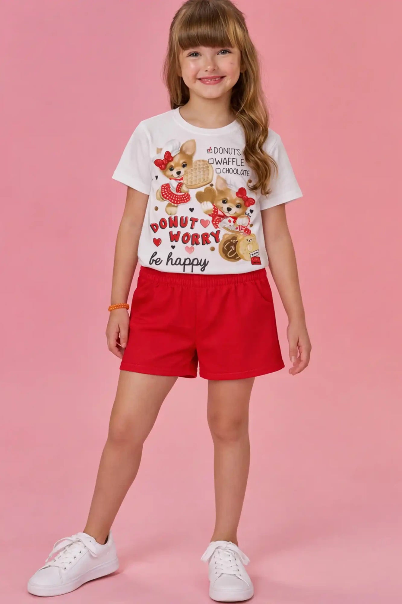 Conjunto Infantil Kukiê com Shorts Vermelho e Blusa Donut