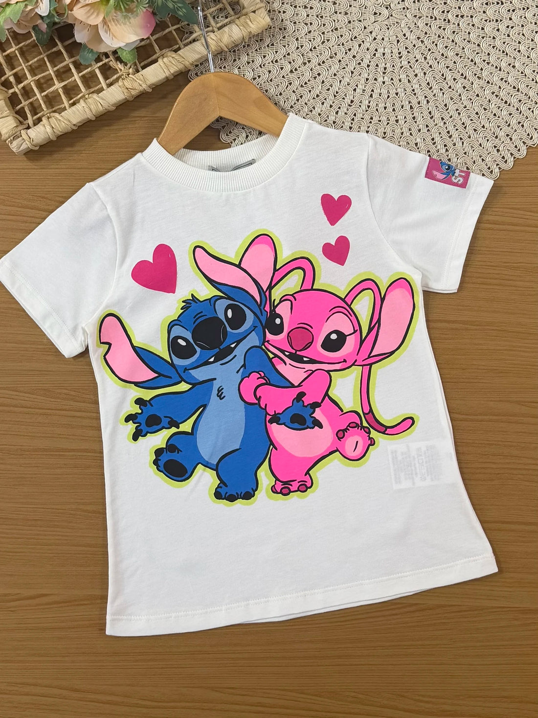 Conjunto Infantil Momo Inverno com Calça Legging Rosa e Blusa Manga Curta Stitch e Angel Love Disney