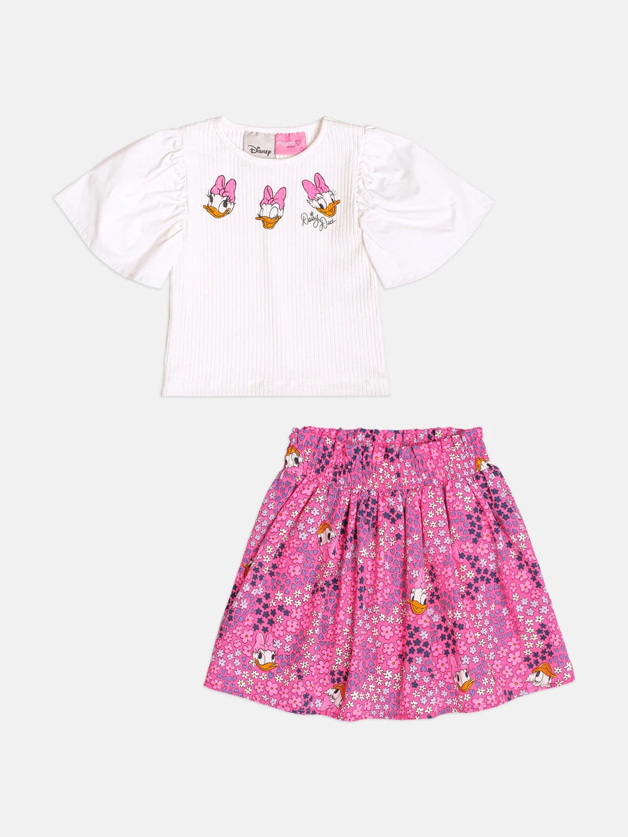 Conjunto Infantil Momi Inverno com Saia Rosa Floral e Blusa Manga Curta Margarida Disney