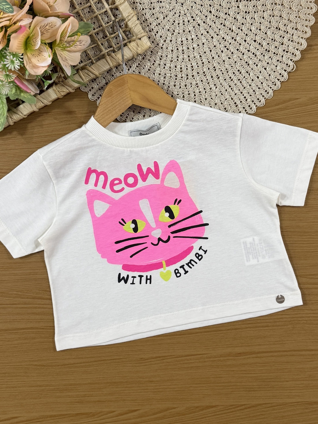 Conjunto Infantil Bimbi Verão com Saia Rosa e Blusa Branca Gatinha
