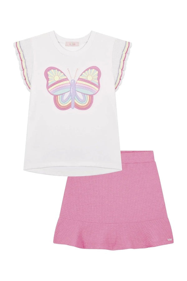 Conjunto Infantil Kukiê Verão com Shorts Saia Rosa e Blusa Branca Borboleta com Strass