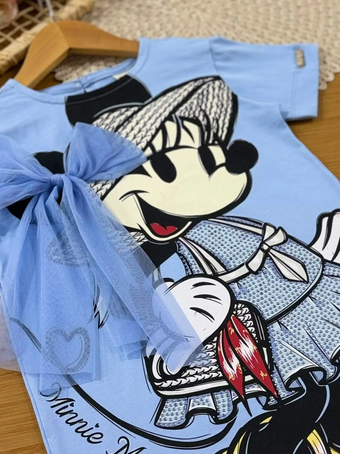 Vestido Infantil Animê Azul Minnie Laço Disney