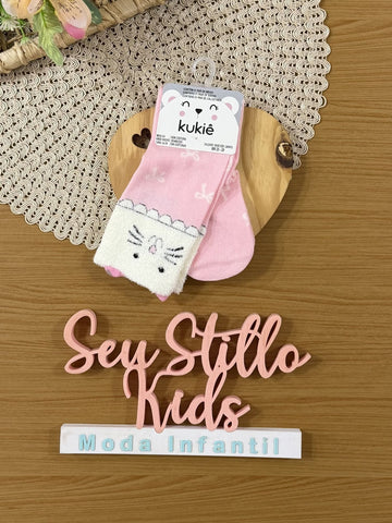 Meia Infantil 3/4 Kukiê Inverno Rosa Gatinha