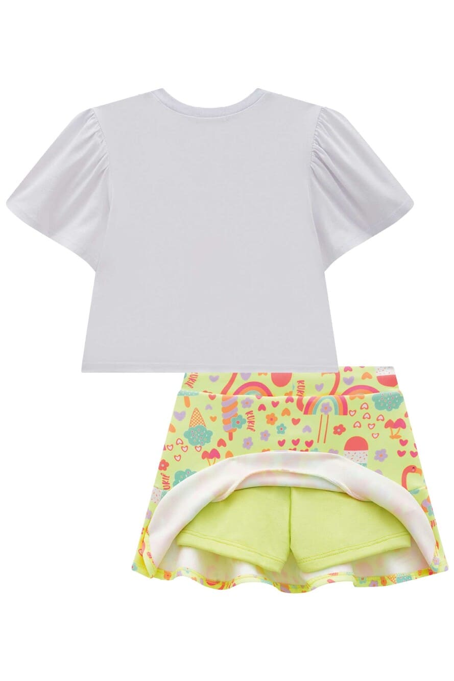 Conjunto Infantil Kukie Verão Saia Amarela e Blusa Arco Iris