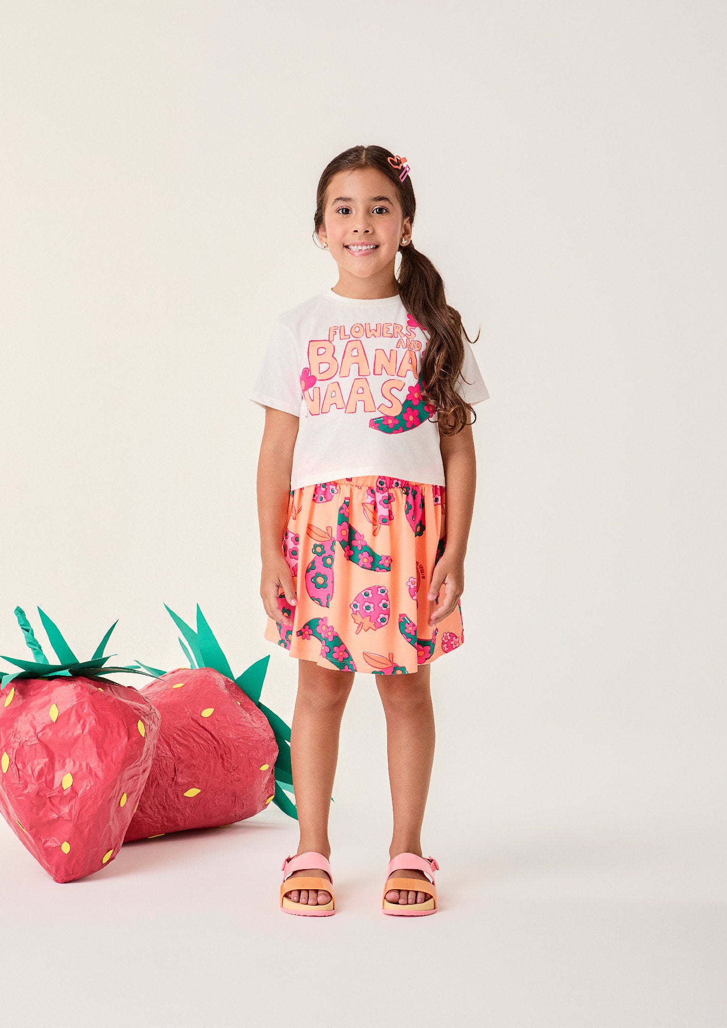 Conjunto Infantil Menina Bimbi com Saia Laranja e Blusa Branca Flowers e Bananas