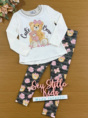 Conjunto Infantil Kukiê Inverno com Calça Legging Verde e Blusa Manga Longa Ursinhas