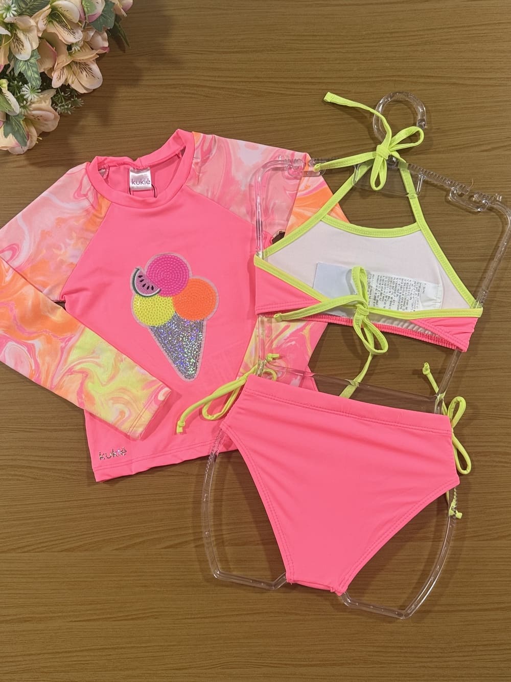 Biquíni iInfantil Kukie Verão com Blusa Manga Longa Rosa Sorvete