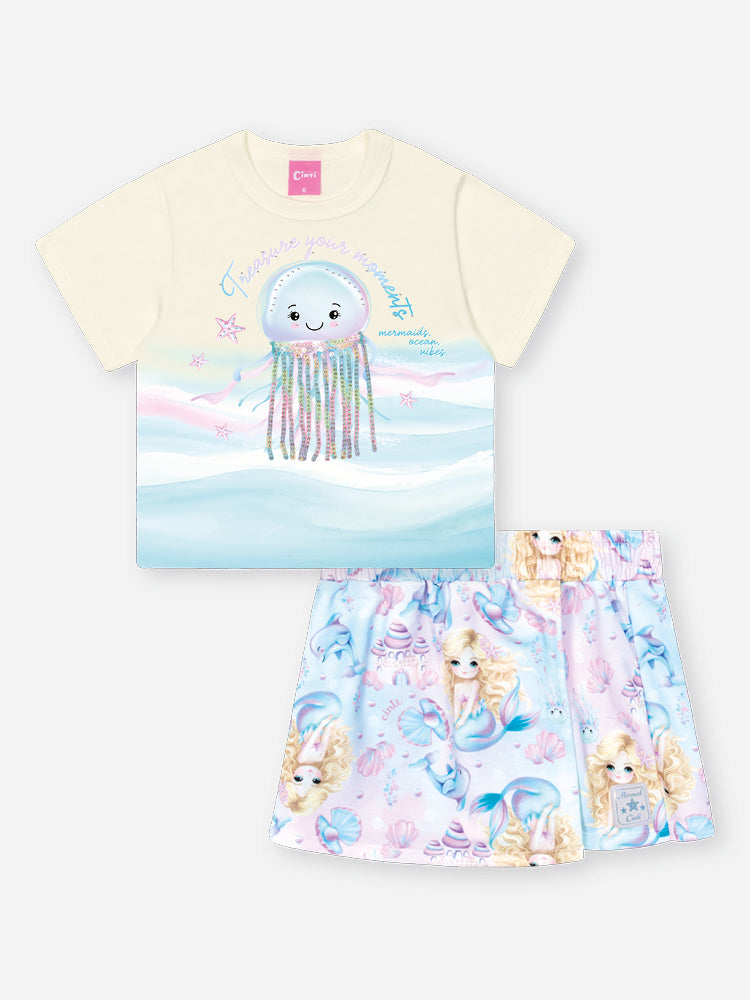 Conjunto Infantil Cinti Verão com Short Saia e Blusa Branca Polvinho
