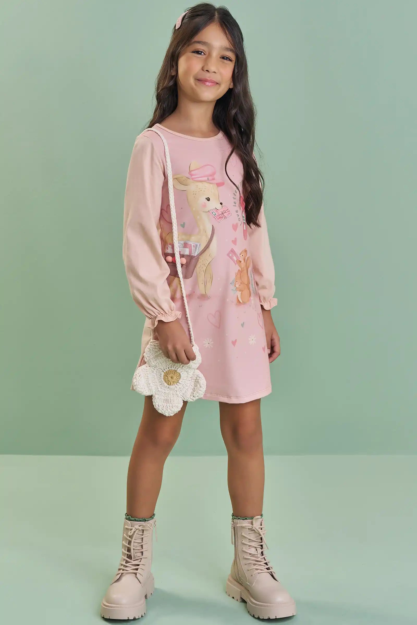 Vestido Infantil Kukiê Inverno Rosa Claro Cartinhas de Amor