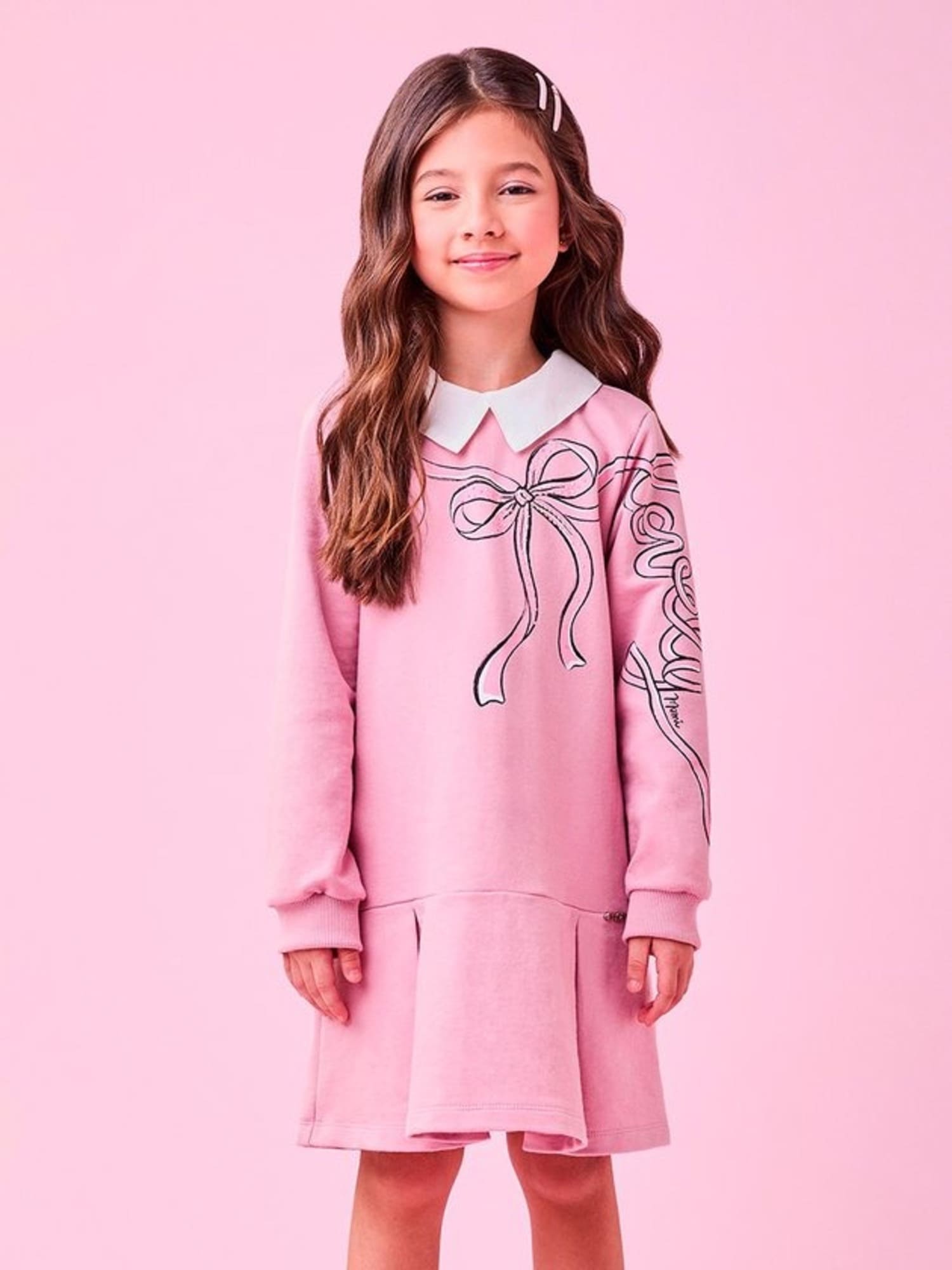 Vestido Infantil Momi Inverno Rosa Lacinho com Strass
