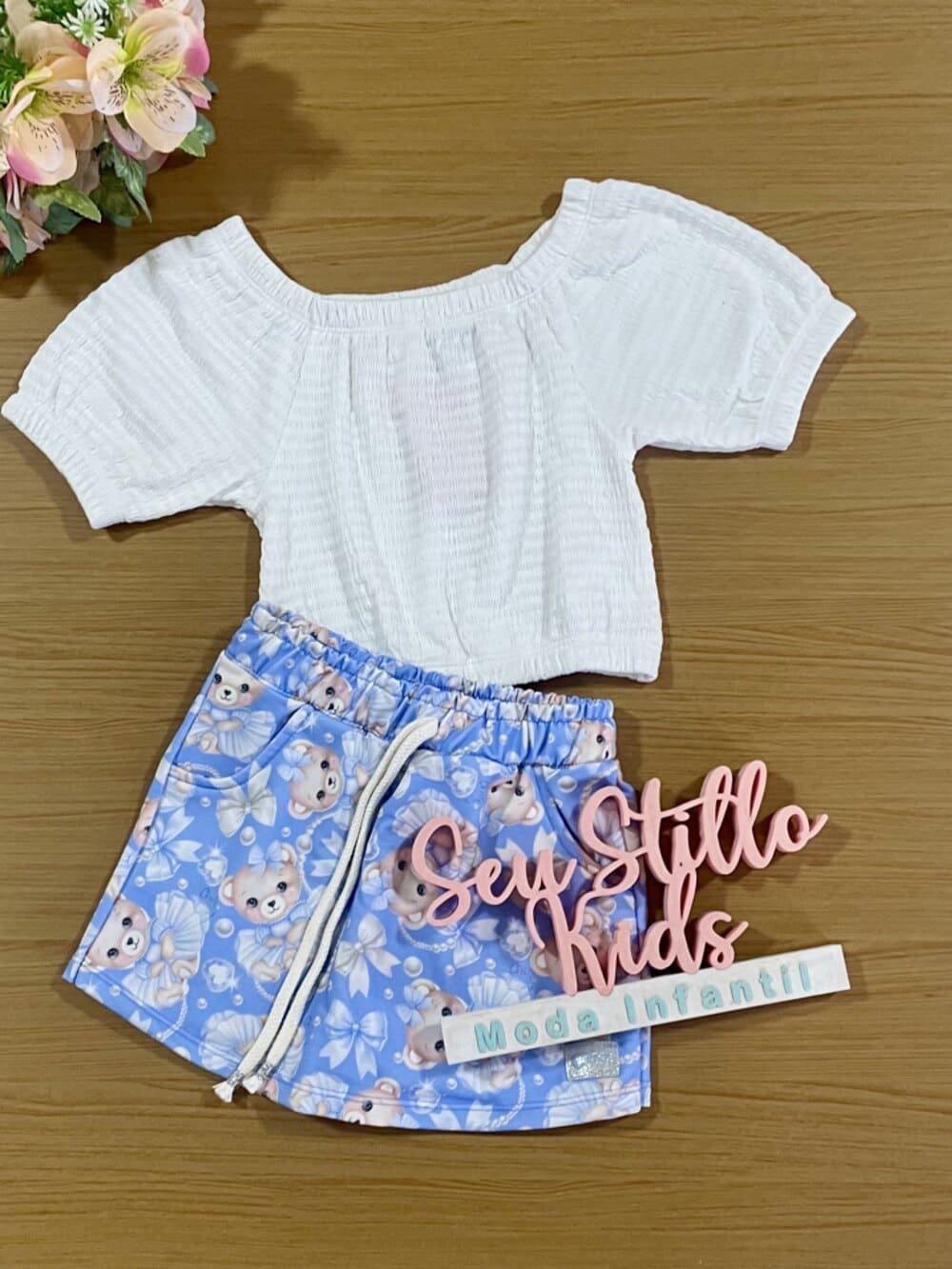 Conjunto Infantil Cinti Verão Shorts Saia Ursinha Blusa Branca