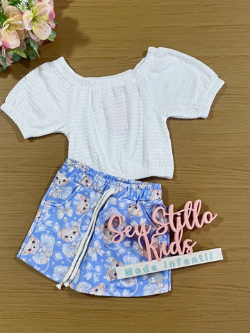 Conjunto Infantil Cinti Verão Shorts Saia Ursinha Blusa Branca
