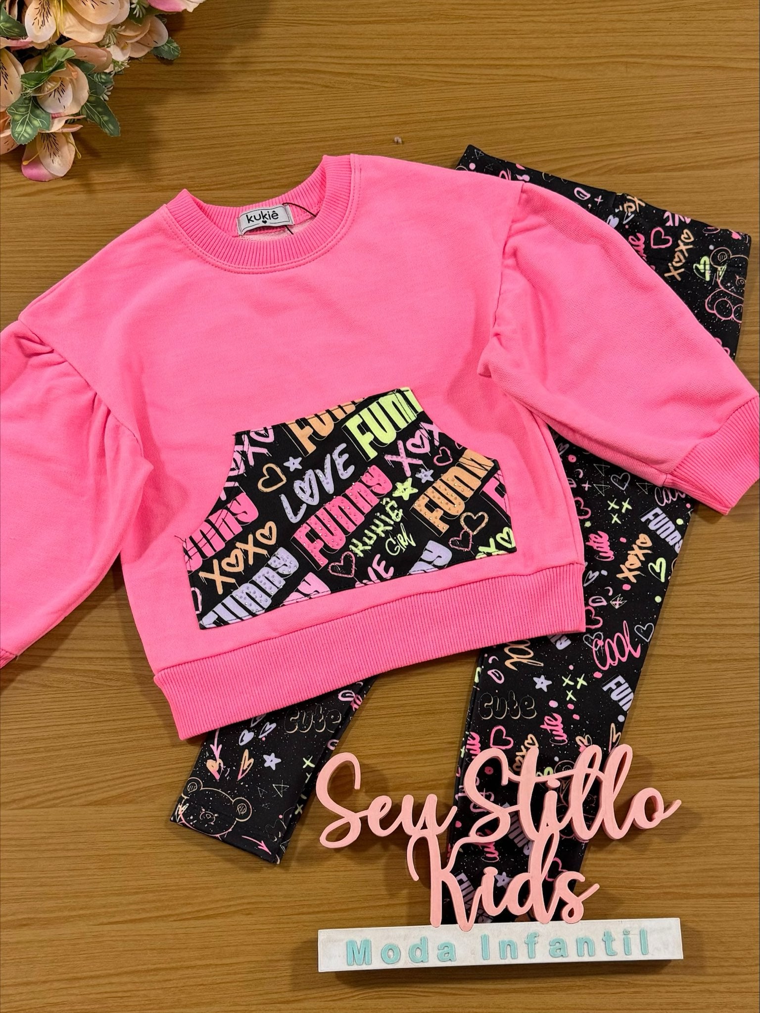 Conjunto Infantil Kukie Inverno Calça e Moletom Neon Fun