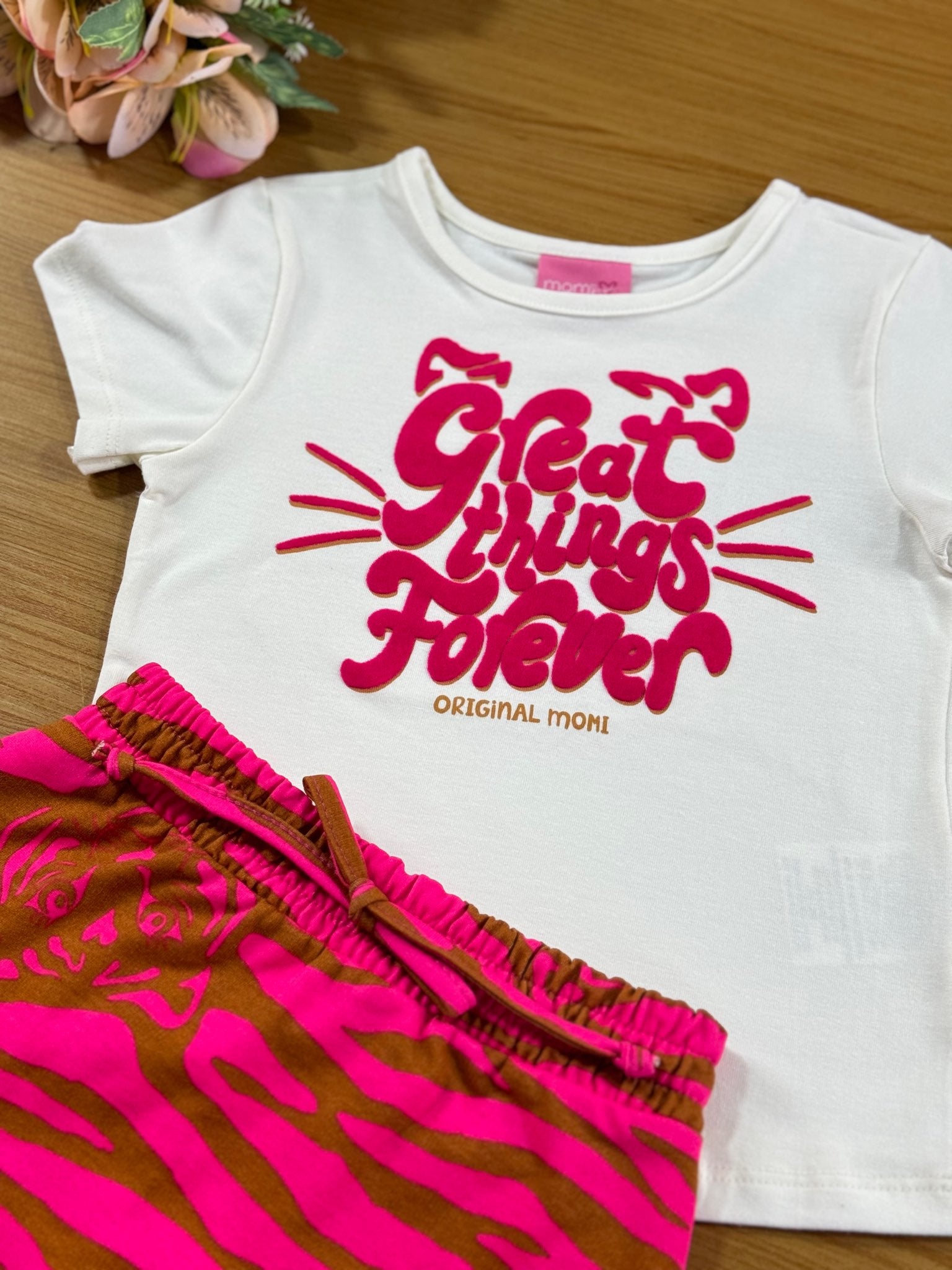 Conjunto Infantil Momi Inverno Short Saia Tigre e Blusa Manga Curta Branca