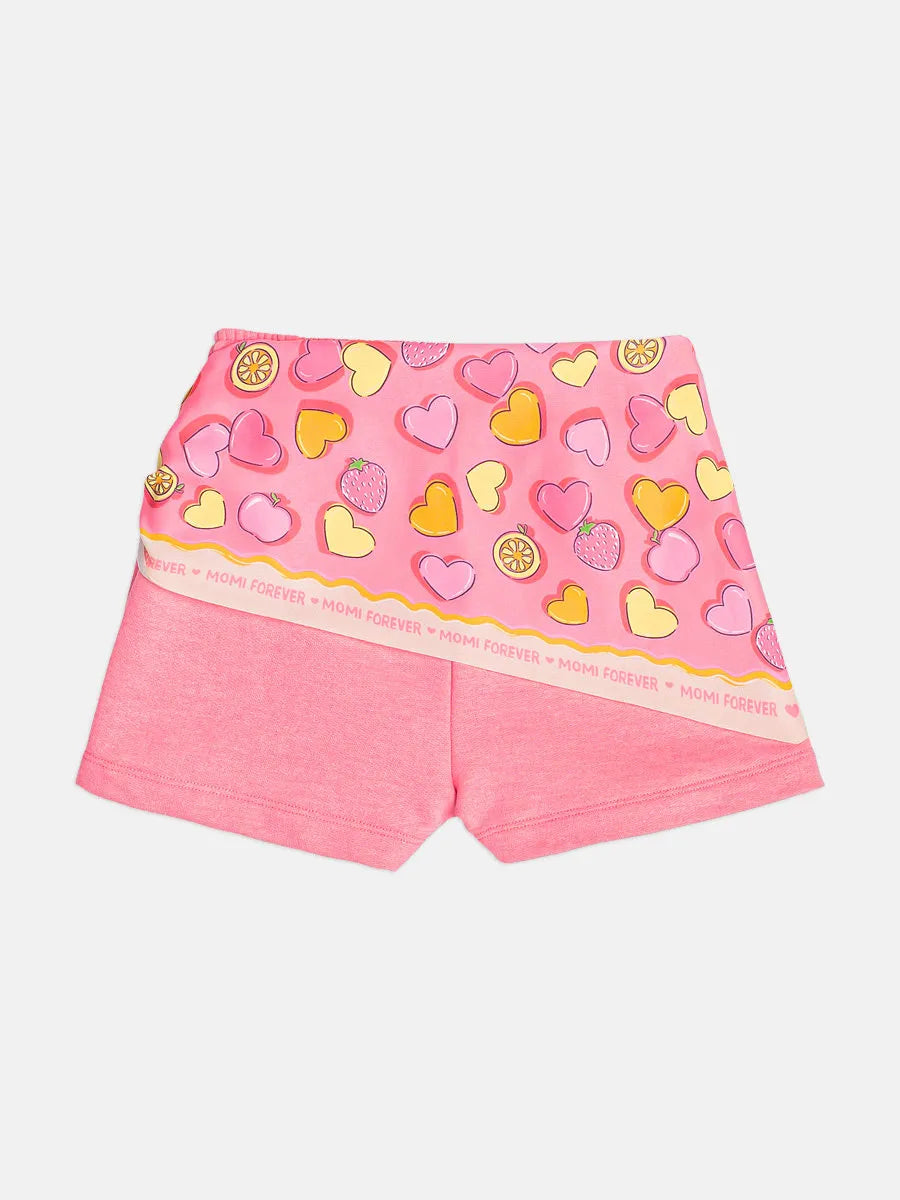 Conjunto Infantil Menina Momi com Short-Saia Rosa e Blusa Bege Corações Strass