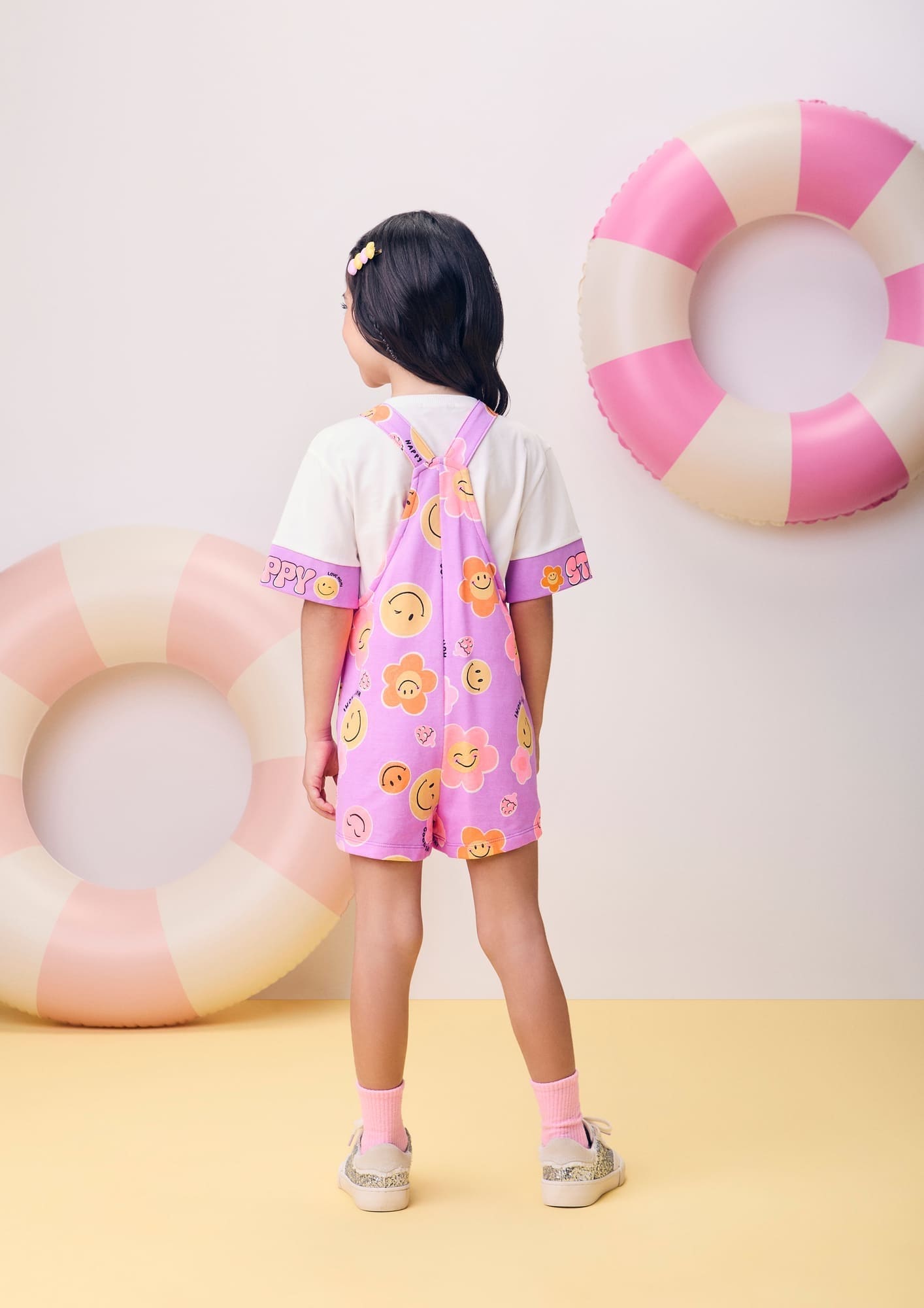 Jardineira Infantil Momi Verão Roxa Floral Smile