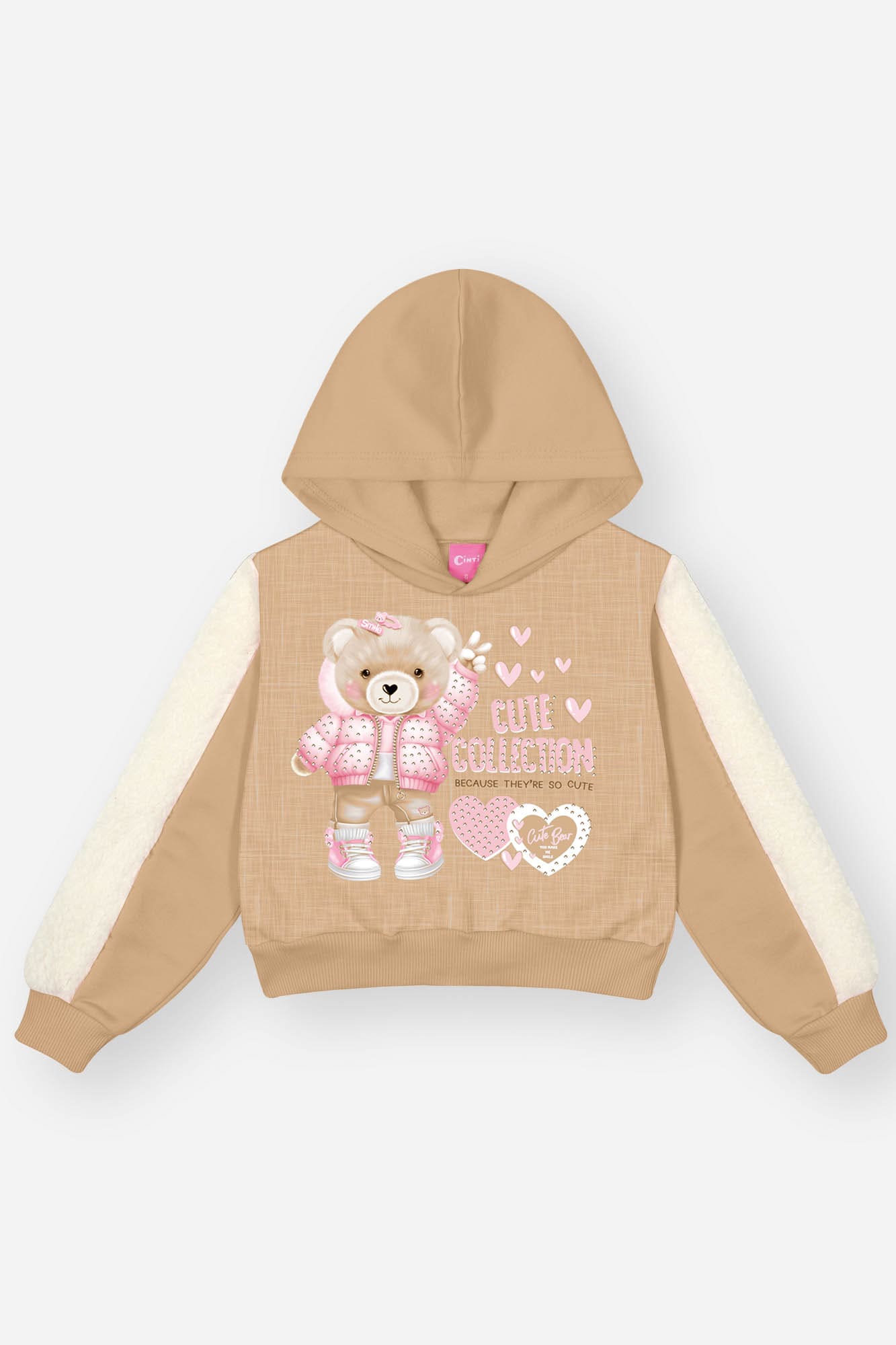 Conjunto Infantil Cinti Inverno Calça e Moletom Flanelado Bege Ursinha com Strass