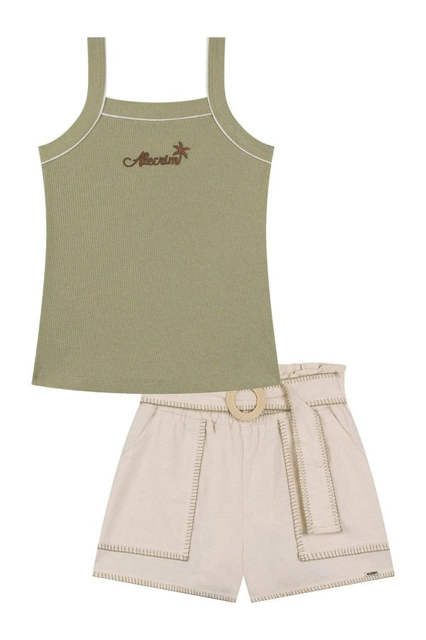 Conjunto Infantil Kukiê Verão com Shorts Off White e Regata Verde Alecrim
