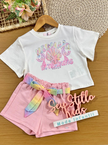 Conjunto Infantil Menina Kukiê com Shorts Rosa e Blusa Branca Mermaid