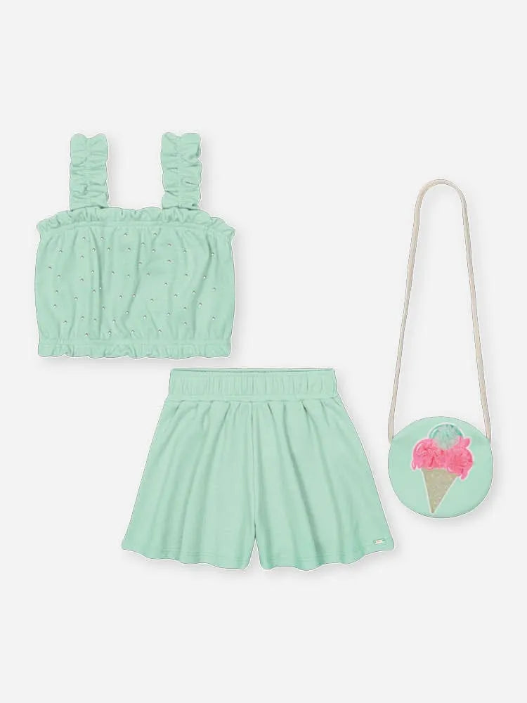 Conjunto Infantil Menina Cinti com Shorts e Blusa Verde Strass