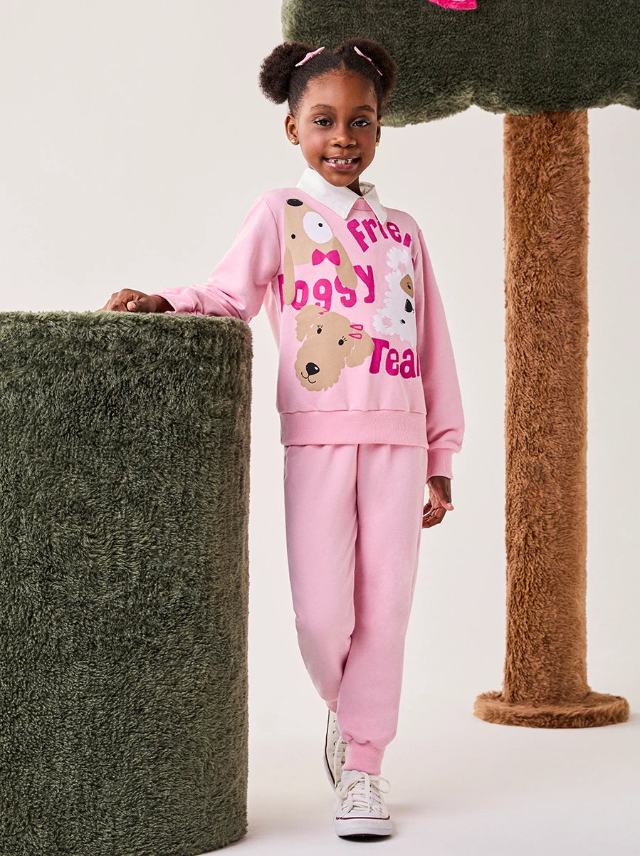 Conjunto Infantil Bimbi Inverno com Calça e Moletom sem Flanela Rosa Cachorrinhos