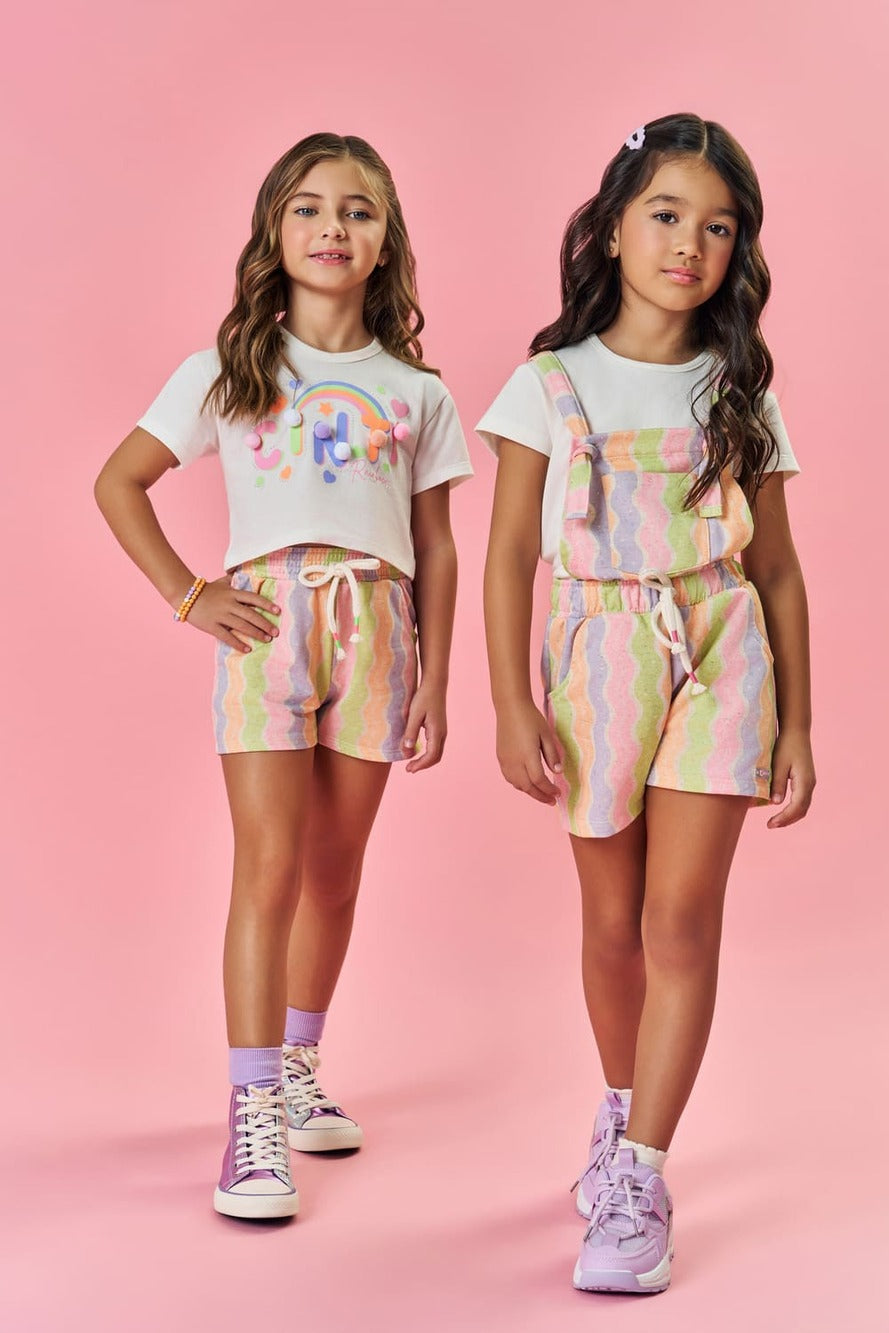 Jardineira Infantil Cinti Verão Colorida e Blusa Off White