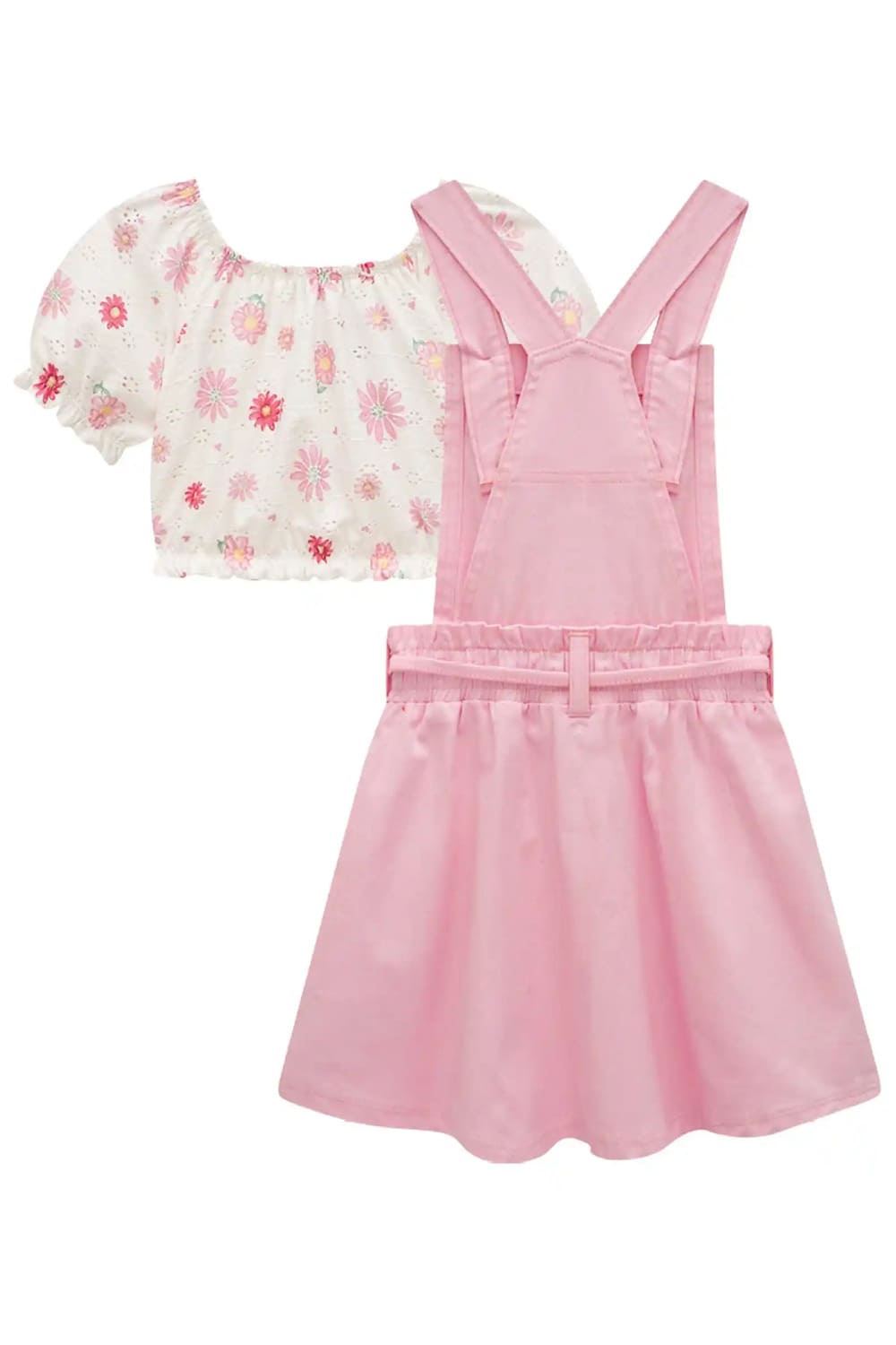 Salopete Infantil Kukie Verão Rosa com Blusa Branca Floral