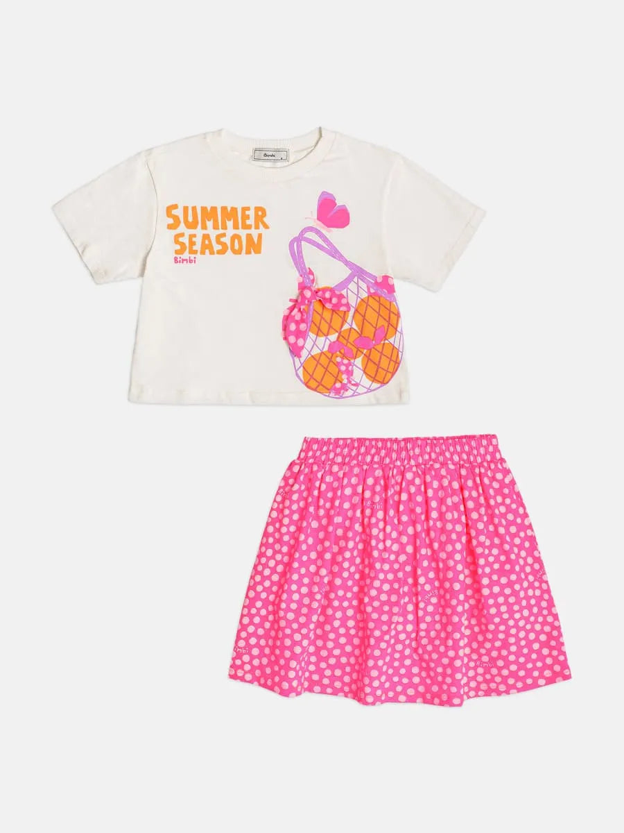 Conjunto Infantil Menina Bimbi com Saia Rosa e Blusa Branca Cestinha