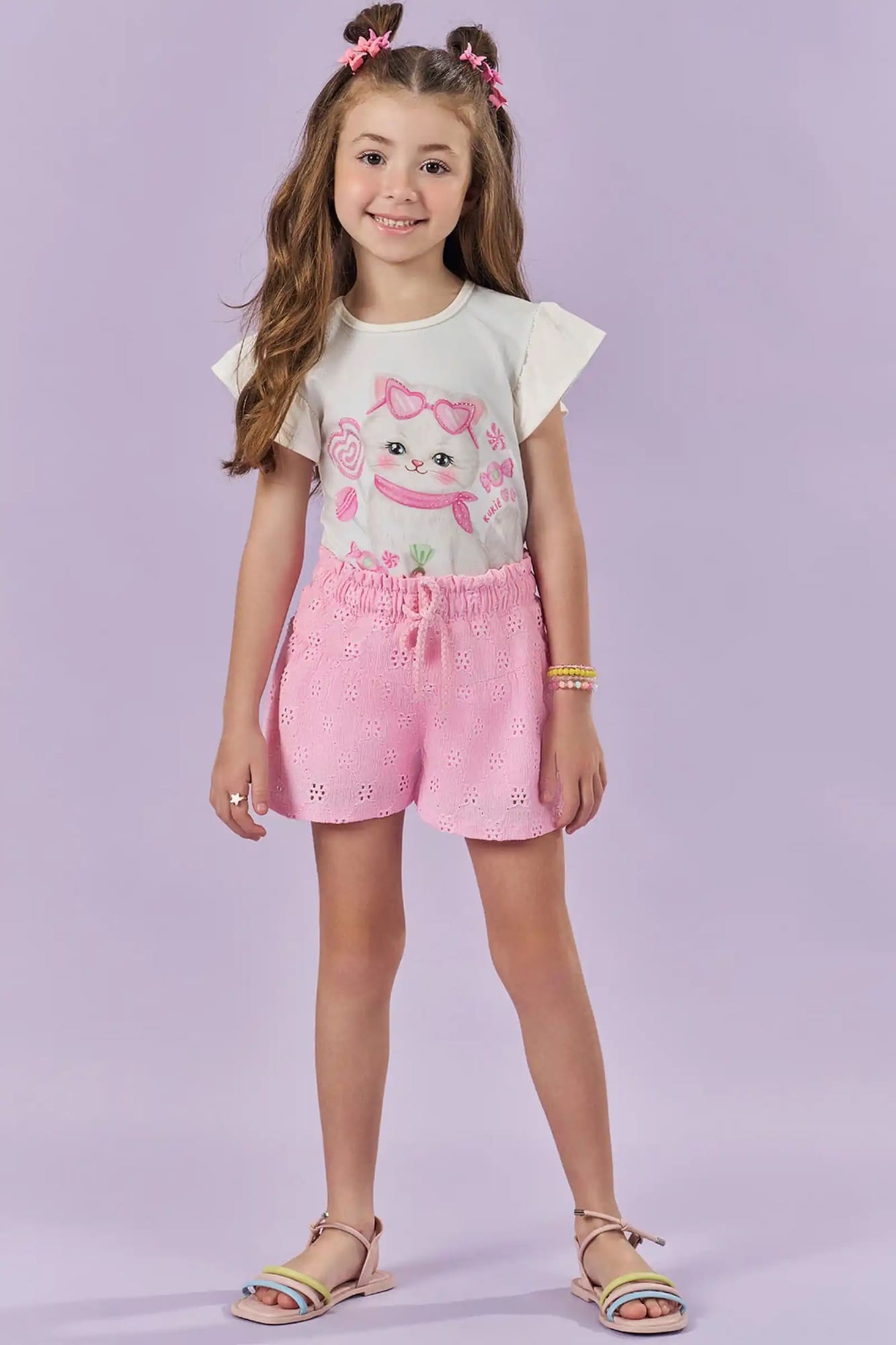 Conjunto Infantil Kukiê Verão com Shorts Rosa e Blusa Branca Gatinha