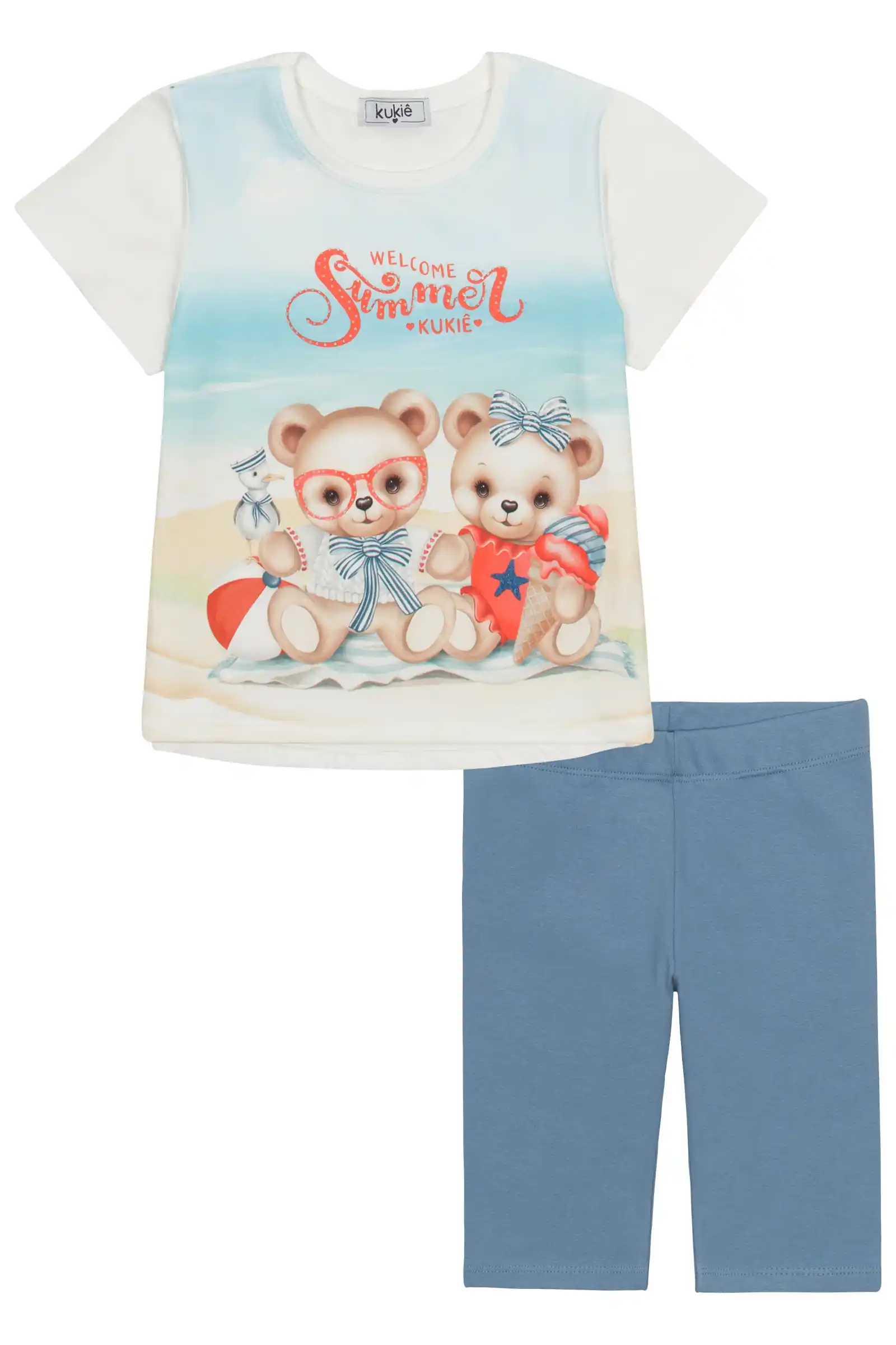 Conjunto Infantil Kukiê com Shorts Cilista Azul e Blusa Manga Curta Ursinhos na Praia