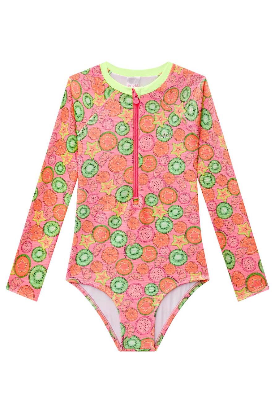Maiô Infantil Kukie Verão Manga Longa Rosa Frutinhas