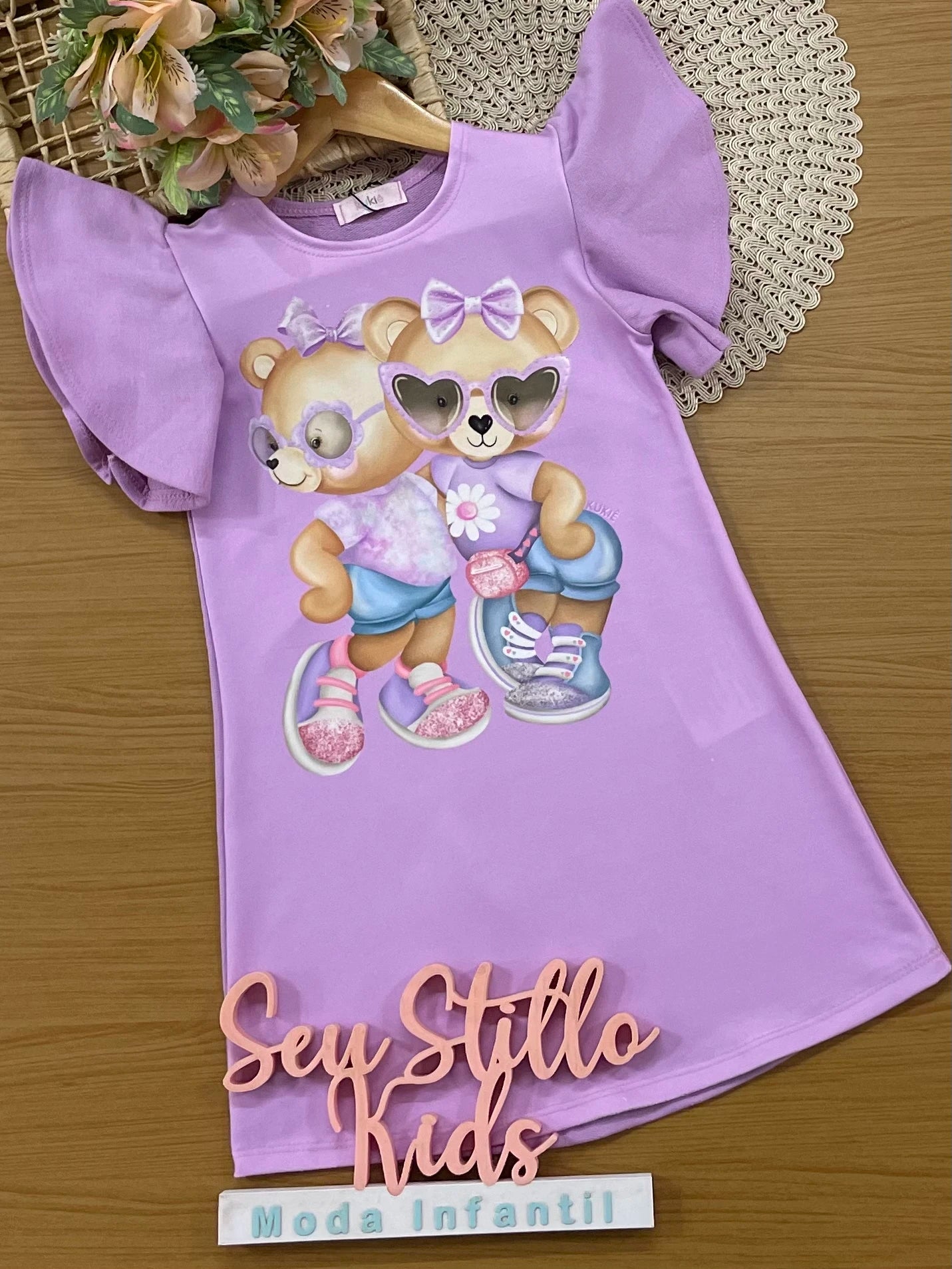Vestido Infantil Kukiê Lilás Ursinhas Fashion