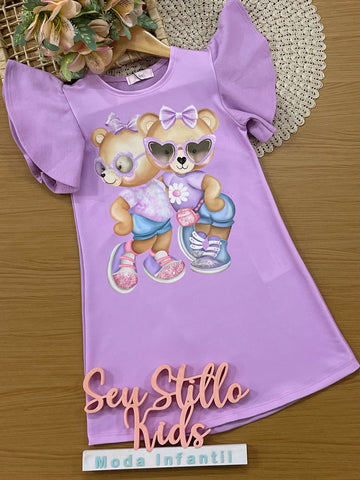 Vestido Infantil Kukiê Lilás Ursinhas Fashion