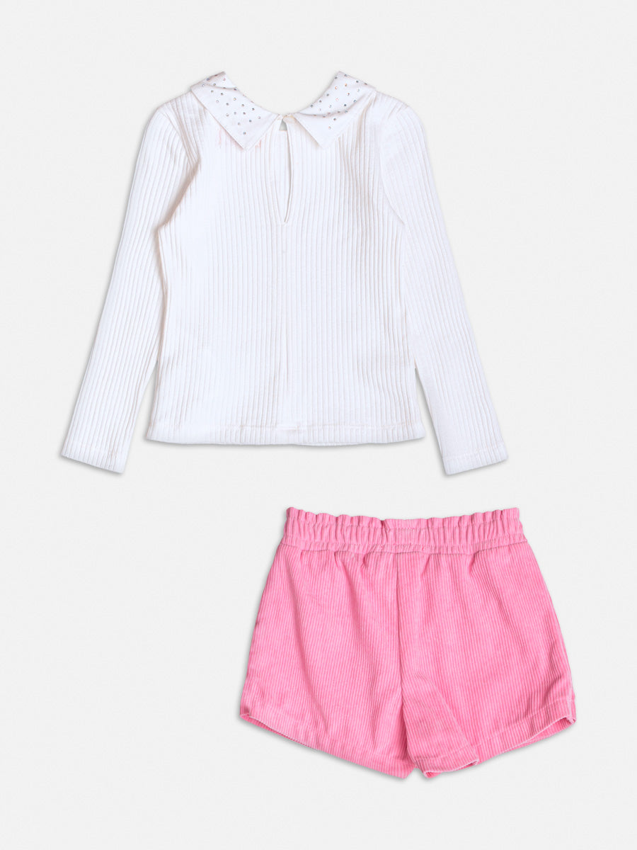 Conjunto Infantil Momi Inverno com Shorts Saia Rosa e Blusa Branca com Strass
