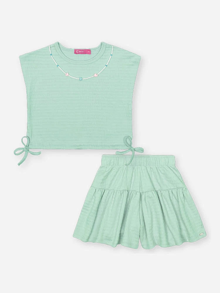 Conjunto Infantil Cinti Verão, Shorts e Blusa Verde com Acessório
