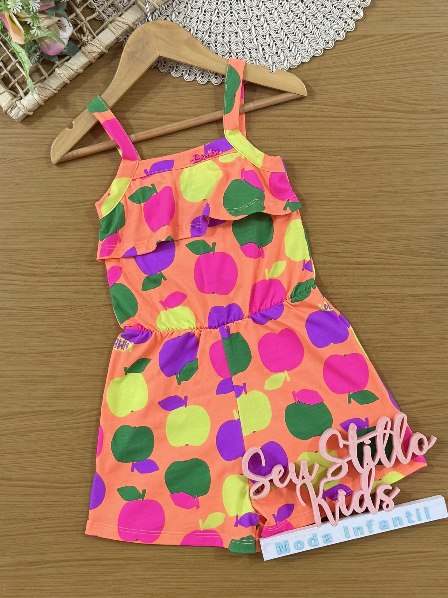 Macacão Curto Infantil Bimbi Verão Laranja Frutinhas