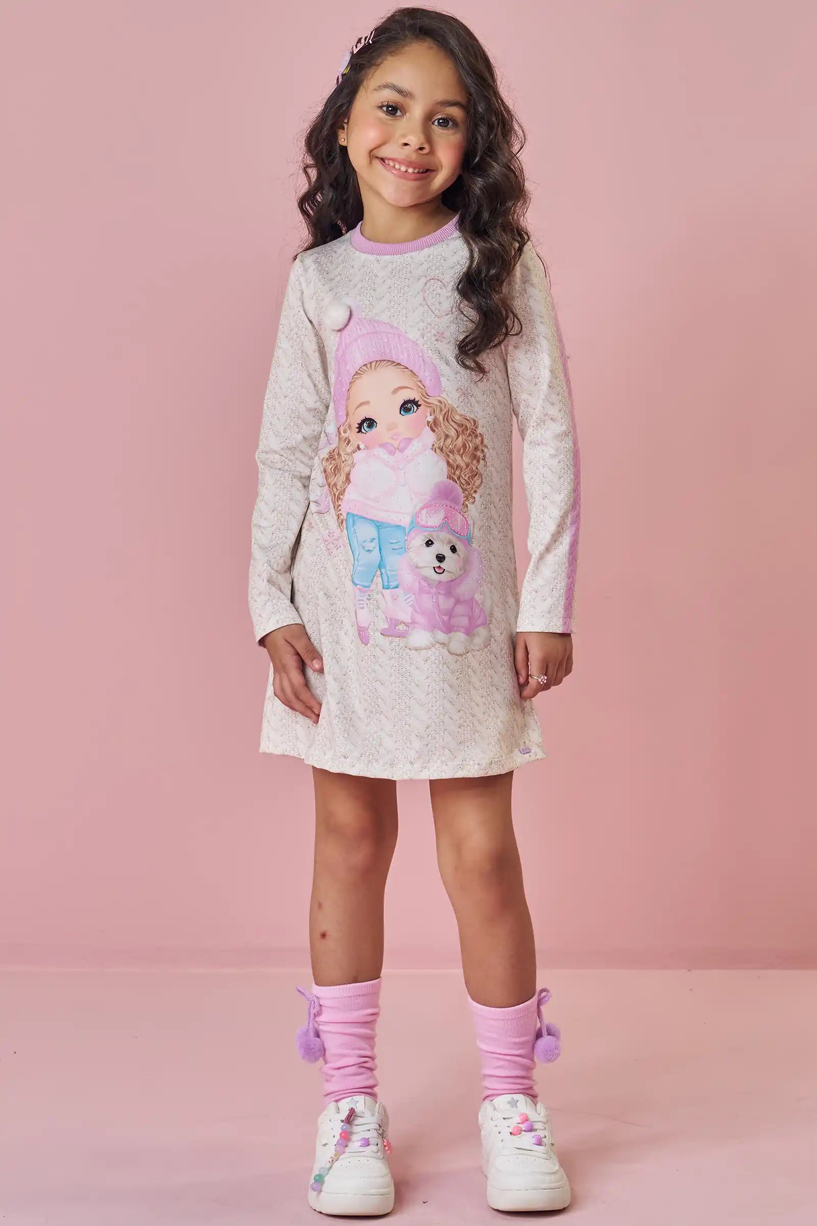 Vestido Infantil Kukiê Inverno Térmico Off White Menininha Esqui
