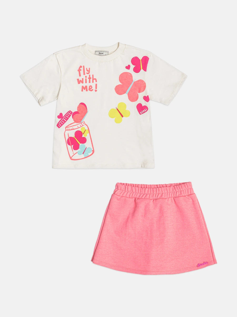 Conjunto Infantil Menina Bimbi com Shorts Saia Rosa e Blusa Borboletinhas