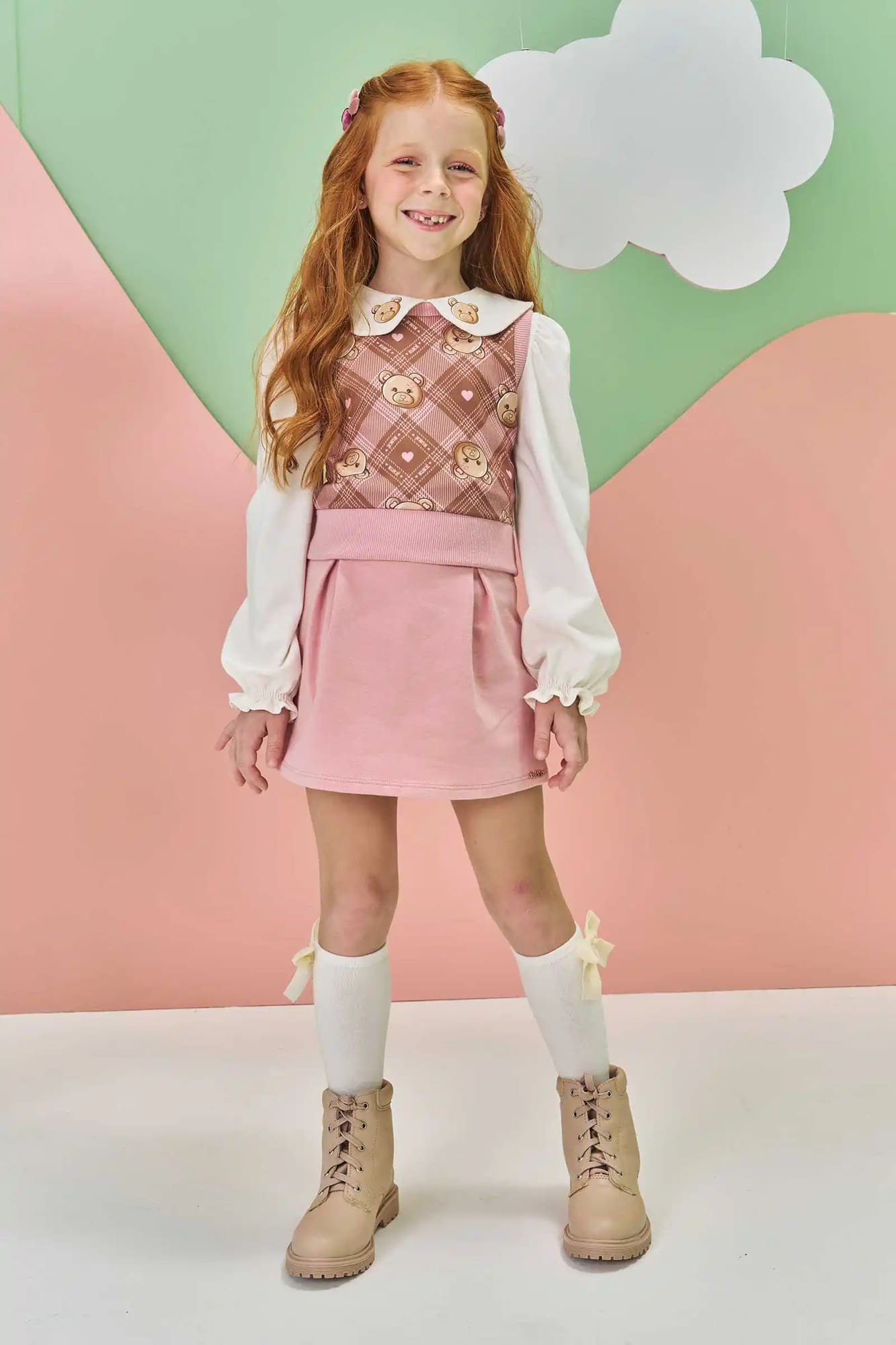 Conjunto Infantil Kukiê Inverno com Shorts Saia Rosa e Blusa com Colete Ursinhos