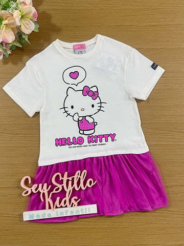 Vestido Infantil Momi Verão com Tule Rosa Hello Kitty