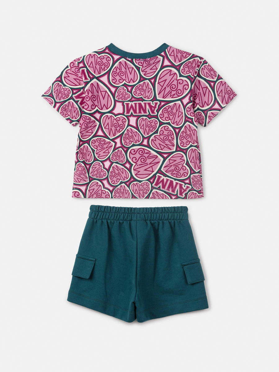 Conjunto Infantil Animê Inverno Shorts e Blusa Vinho Corações