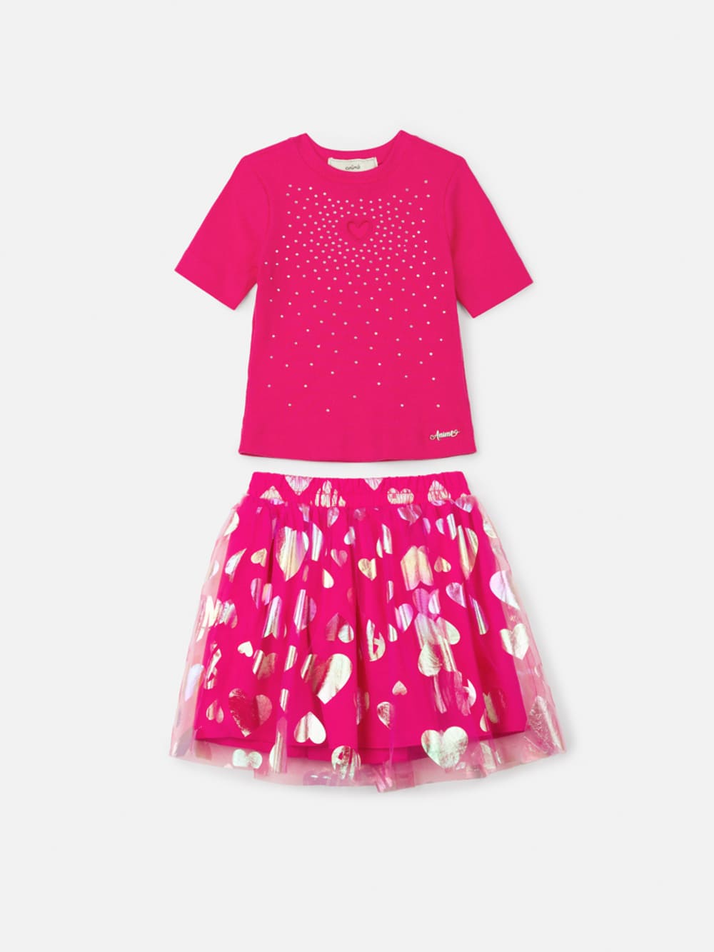 Conjunto Infantil Animê Verão Saia Rosa Tule Coração e Blusa Brilho