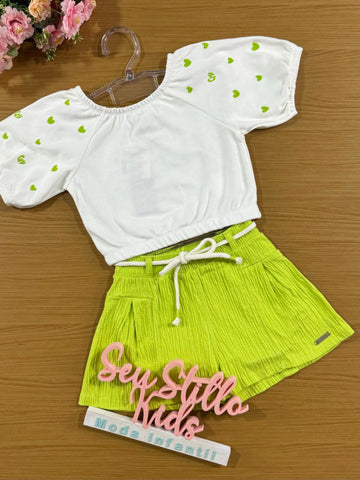 Conjunto Infantil Catavento Verão Shorts Verde e Blusa Coração